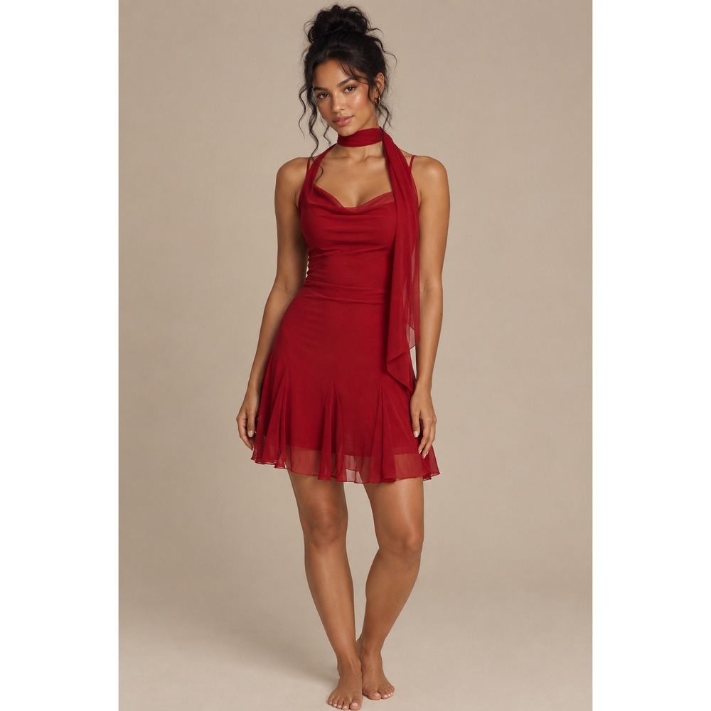 Red Mesh Cowl Neck Mini Dress Scarf Ruched Pleated fairy 90s Y2K dance Party